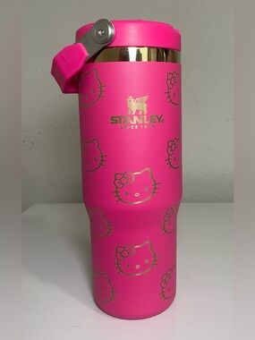 Hot Pink 30 oz Stanley Travel Tumbler with custom Gold Rim & Hello Kitty motifs
